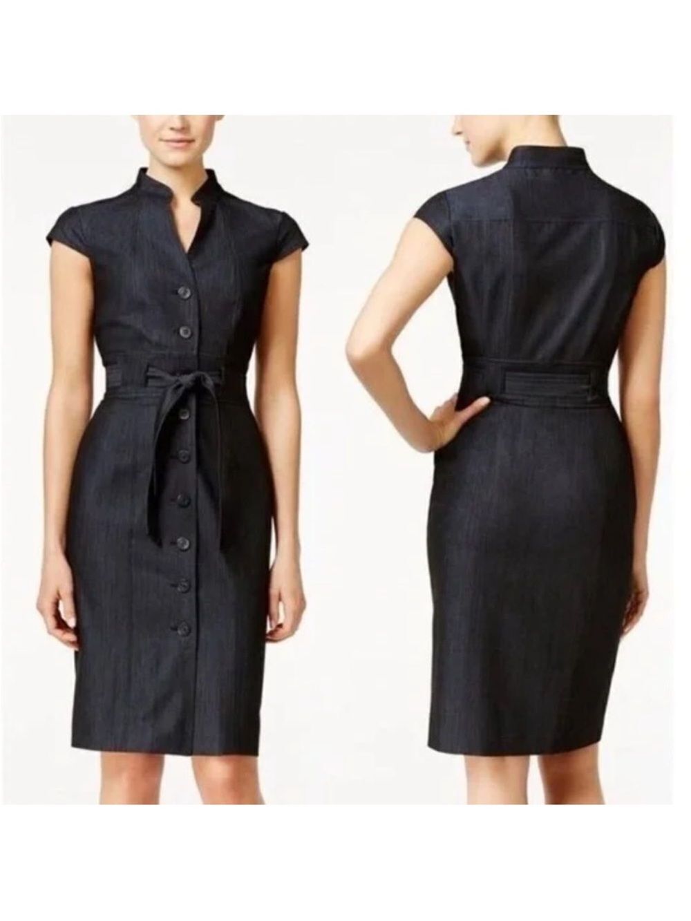 Calvin Klein M Dark Chambray Mock Neck Cap Sleeve Belted Buttoned Shirt Dress